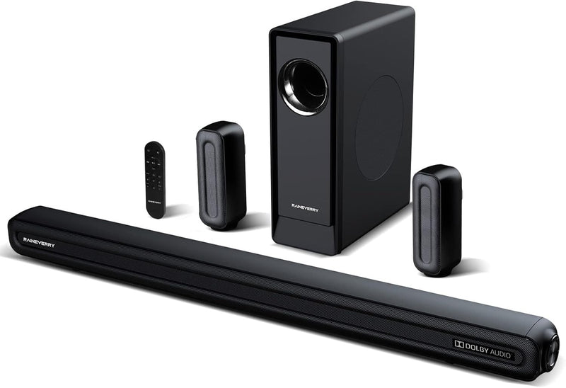 RAINEVERRY 5.1ch Soundbar with Dolby Audio Wireless Subwoofer Rear Speakers Black
