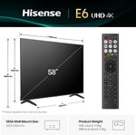 Hisense 58" 58E6QTUK 4K Ultra HD Smart TV AI TV - 4K UHD, Hi-View AI Engine, Precision Colour, AI Smooth Motion, Sports Mode with Freely, Disney +, YouTube, Netflix