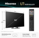 Hisense 50" 50U7QTUK MiniLED QLED 144Hz Smart AI TV - Hi-View AI Engine, 144Hz Game Mode PRO, 2.1 Channel, Dolby Atmos, Quantum Dot Colour, Anti-Reflection with Freely, Disney +, YouTube, Netflix