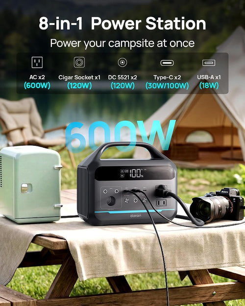 DARAN Portable Power Station 600W(1200W Surge) - 288Wh(90,000mAh) Solar Generator LiFePO4 Battery with AC DC Outlets, 8.3LB Portable Charging Station for Camping, RV, Home, Emergency (Solar Optional)