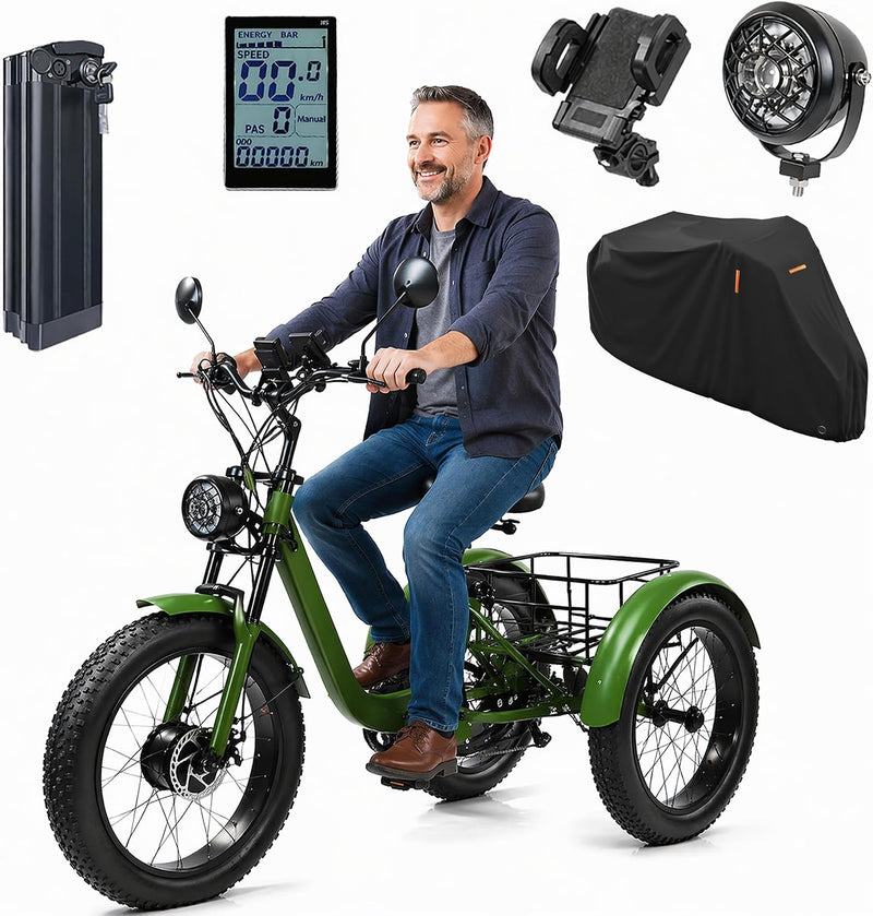 ZRLYbau Electric Tricycle for Adults 24 inch 7-Speed Fat Tire E-Bike Green